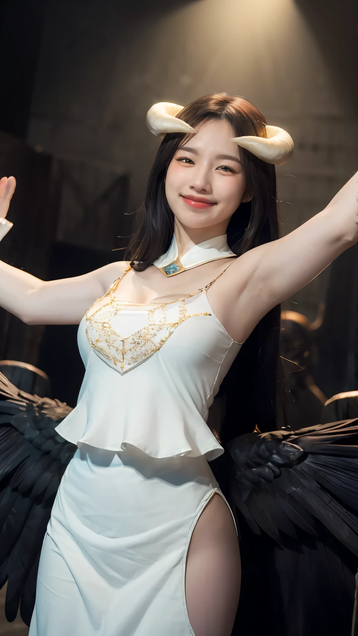 masterpiece, best quality, highres, al1, demon horns, slit pupils, white gloves, white dress, bare shoulders, detached collar, cleavage, black wings, feathered wings, low wings, cowboy shot, standing, dungeon, evil smile, reaching out, spread arms, outstretched arms,