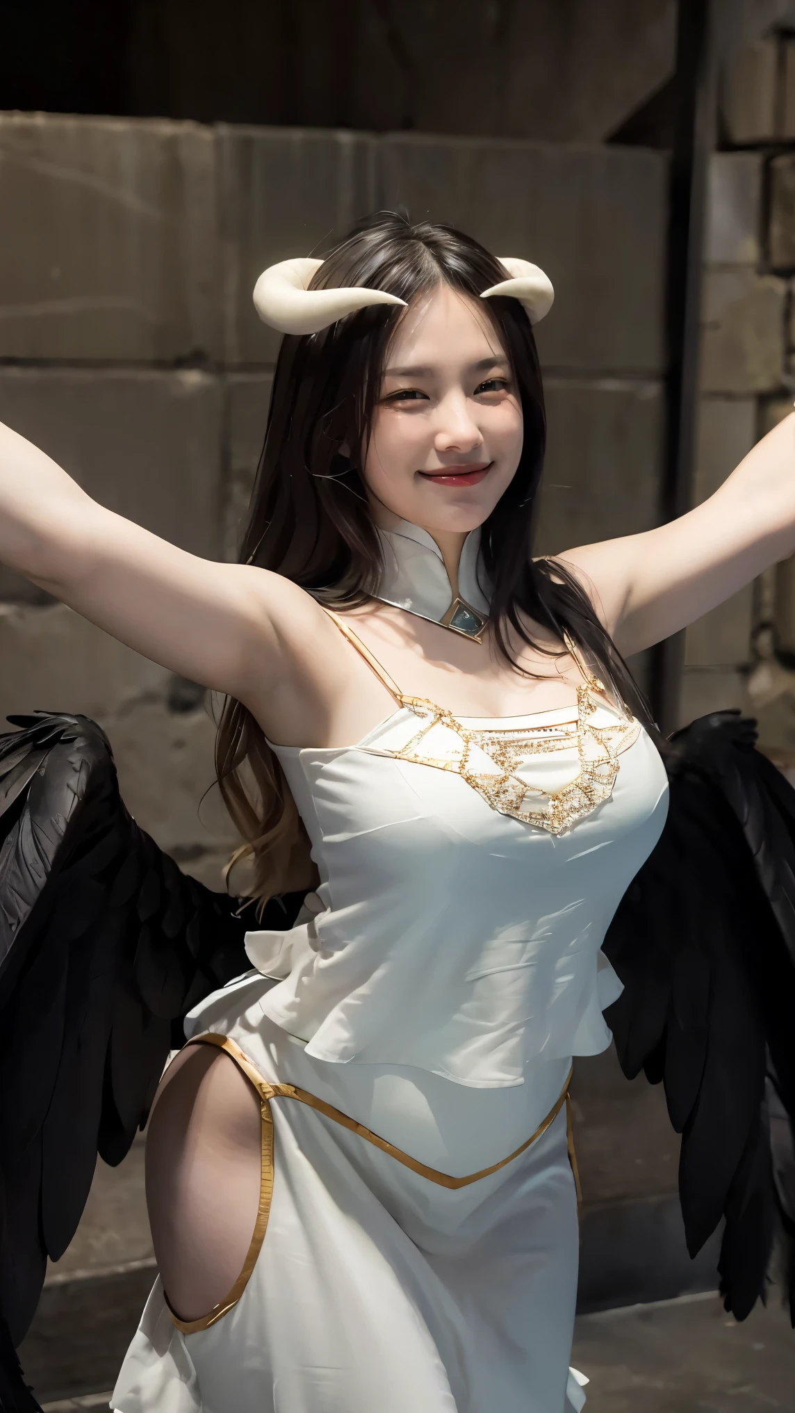 masterpiece, best quality, highres, al1, demon horns, slit pupils, white gloves, white dress, bare shoulders, detached collar, cleavage, black wings, feathered wings, low wings, cowboy shot, standing, dungeon, evil smile, reaching out, spread arms, outstretched arms,