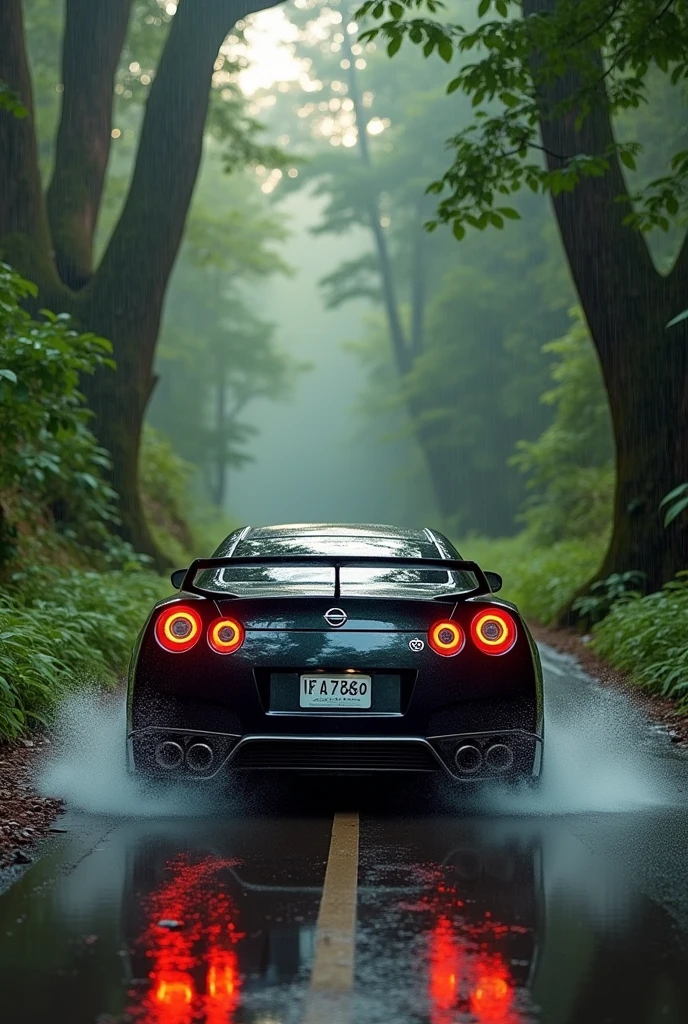 Gtr r 35 rainy day in rain forest on road 60 mph speed car back side