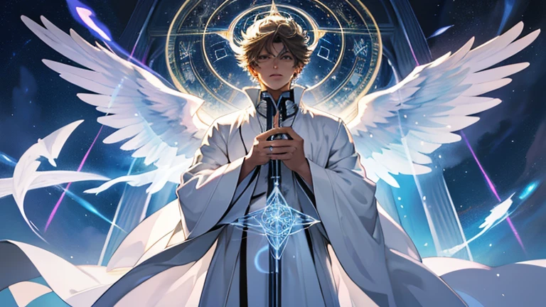Archangel Metatron. Archangel handsome man dressed in a white robe, holding in front of him an illuminated pentragram.