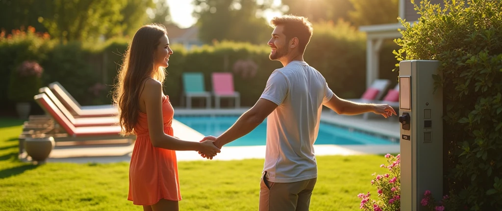a young couple, Passing an RFID proximity key fob on a reader to open the gate of a grassy pool in a residential area