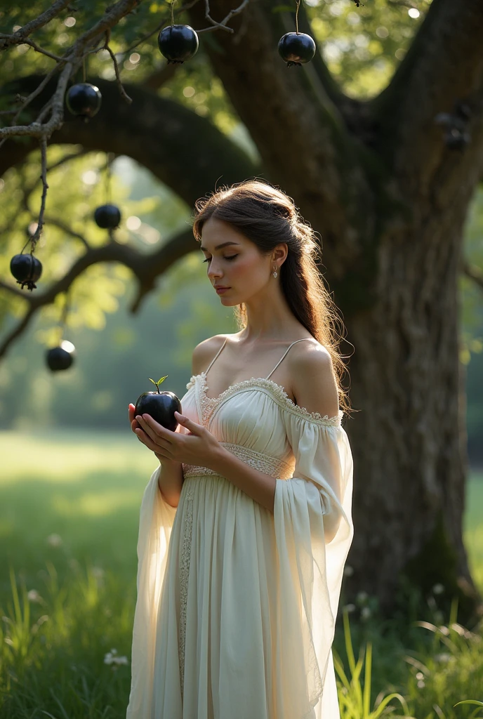 (photorealism:1.2), beautiful woman, she is holding a black apple , and she is wearing white clothes , the clothes are ancient, she is looking at the apple , behind her a tree with the same type of fruit she is holding