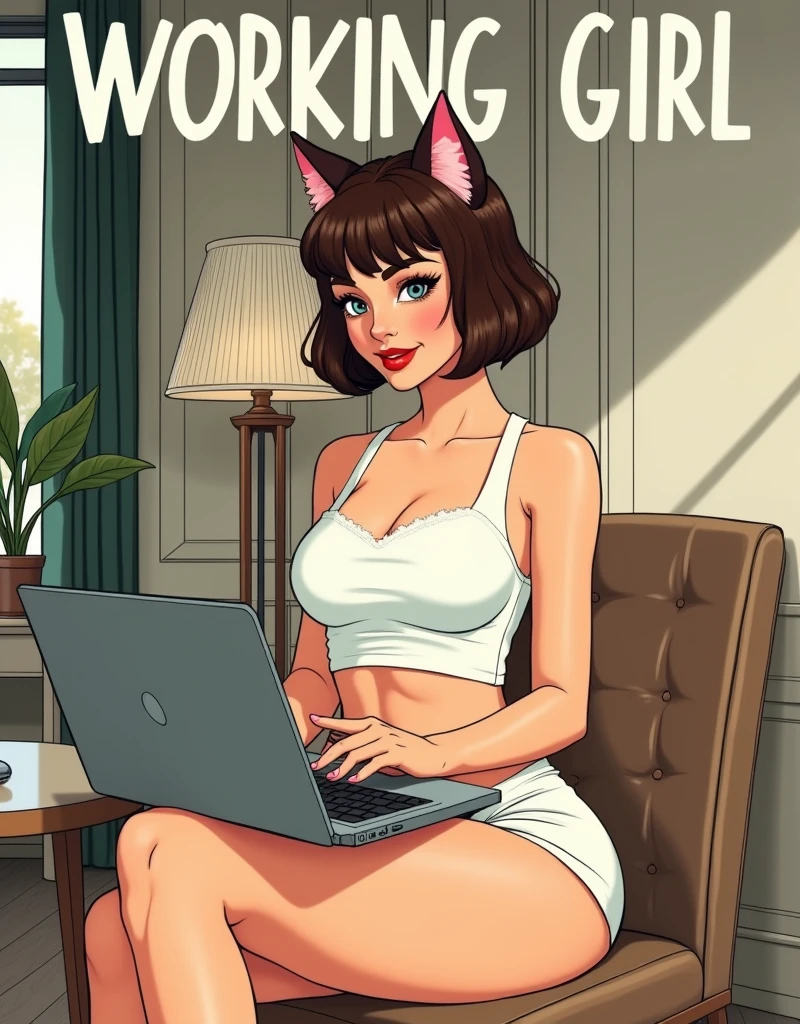 illustration of a beautiful and attractive woman with a cat-face and cat ears, short brown hair, wearing a white crop top and shorts, sitting with a laptop computer on her lap, her eyes focused on the laptop, in a hotel room decorated with modern furniture. comic book illustration in muted colors like a 1920's comic strip, the title tex "WORKING GIRL" on top in big white letters, the overall drawn style is simple like 1920's comic books
