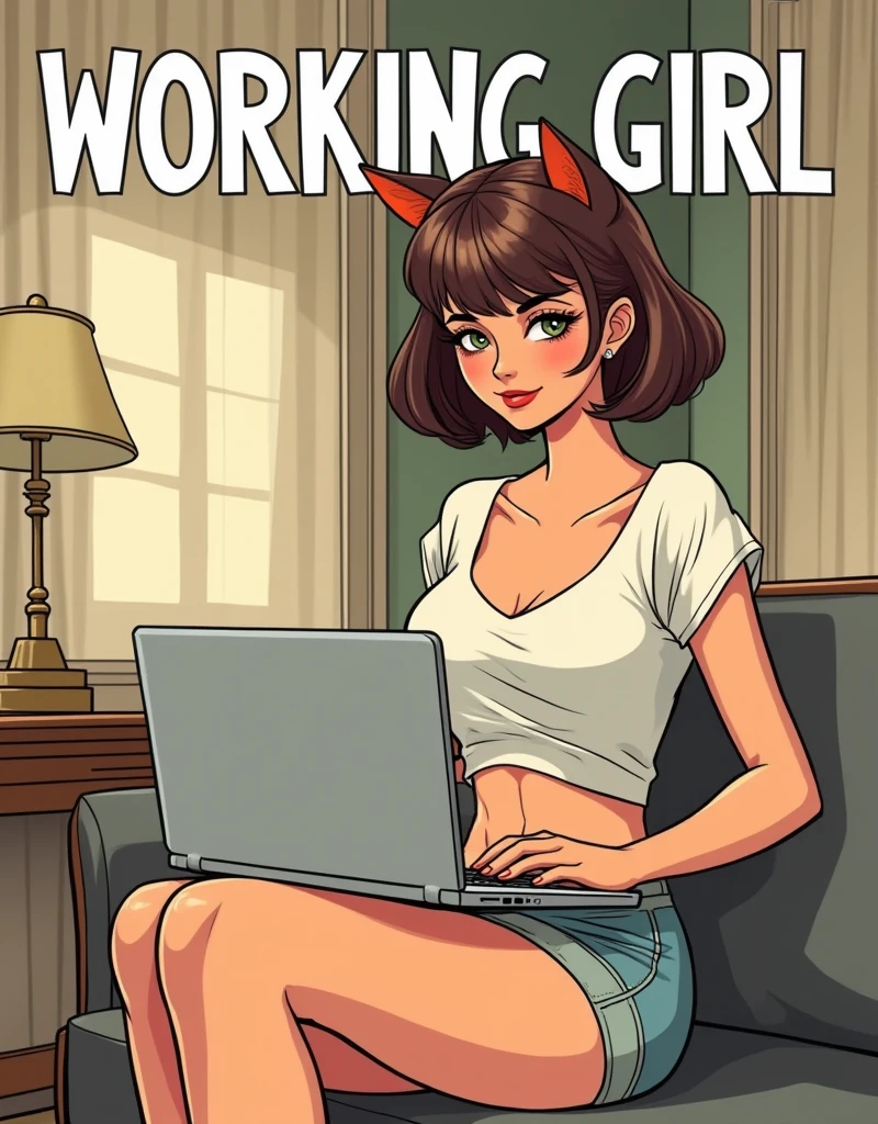 illustration of a beautiful and attractive woman with a cat-face and cat ears, short brown hair, wearing a white crop top and shorts, sitting with a laptop computer on her lap, her eyes focused on the laptop, in a hotel room decorated with modern furniture. comic book illustration in muted colors like a 1920's comic strip, the title tex "WORKING GIRL" on top in big white letters, the overall drawn style is simple like 1920's comic books
