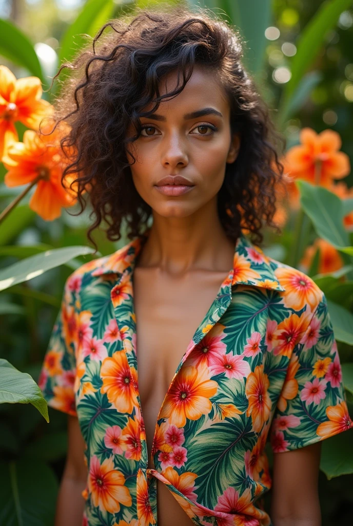 A Brazilian woman in a lush tropical garden, wearing an open shirt with exposed breasts and a floral print, with a close-up capturing the harmonious beauty between her breasts and the natural flowers, showing off your natural charm and outgoing personality.