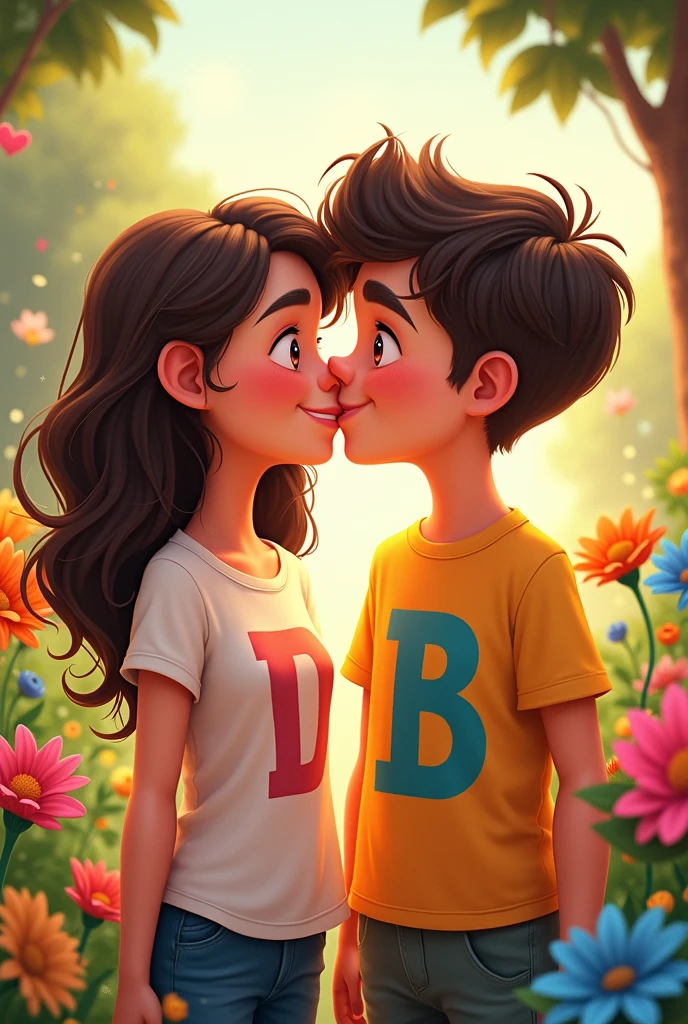 Cartoon beautiful girl and handsome boy close together and kissing. Boy wearing printed letter "I" girl wearing tshirt printed letter B on flower background