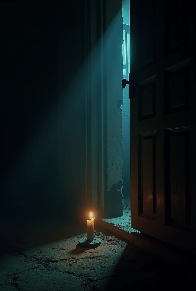 A **close-up** of Raghav’s house reveals a single, flickering candle struggling against an overwhelming darkness. As the camera **zooms in**, the flickering light warps the shadows on the wall, making the house seem like it’s **breathing slowly and heavily**. The door creaks open, but the sound is **deep, resonant, almost mournful** as if the house itself is reluctant to let anyone leave—or enter.