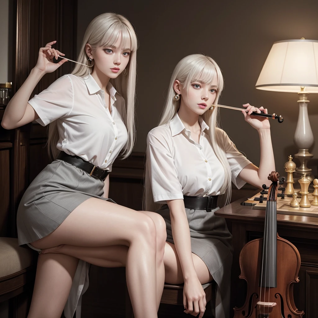 a girl with beautiful silver hair and expressionless red eyes, wearing a black , sitting and playing the piano, in a dark room