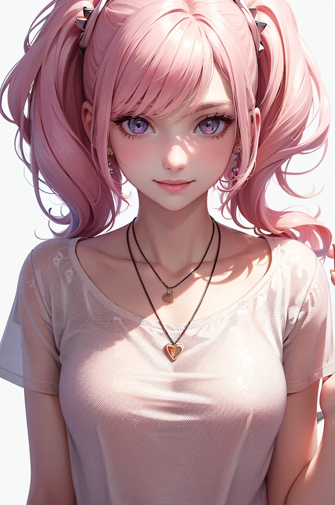 Best Quality,High resolution,8k,(plain white background, no patterns, no textures, just a plain white background:1.3),Masterpiece:1.2),beautiful girl,Shiny pink hair,messy hair,Pink eyes,oversized graphic tee, paired with pre-ripped jeans, colorful cotton fabric with a subtle pattern, casual sneakers with a pop of color, Accessories include a playful pendant necklace and colorful stud earrings,Gentle look,A refreshing look,smile,Best quality,Best Quality,Aesthetic and aesthetic:1.2,Best details((Super detailed))(High-definition CG illustrations),Slender body,smile,blush,cute,Scrounge,Looking up,Being spoiled,super model
