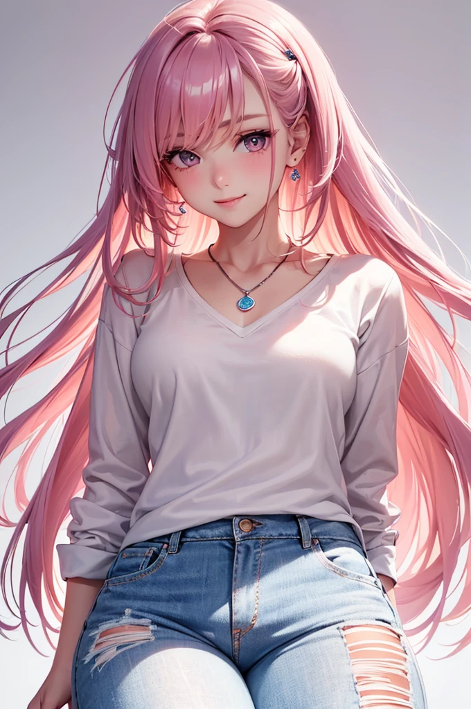 Best Quality,High resolution,8k,(plain white background, no patterns, no textures, just a plain white background:1.3),Masterpiece:1.2),beautiful girl,Shiny pink hair,messy hair,Pink eyes,Black T-shirt,Checked shorts with a red base,Knee-high socks,Absolute area,Gentle look,A refreshing look,smile,Best quality,Best Quality,Aesthetic and aesthetic:1.2,Best details((Super detailed))(High-definition CG illustrations),Slender body,smile,blush,cute,Scrounge,Looking up,Being spoiled,super model,(focus face)
