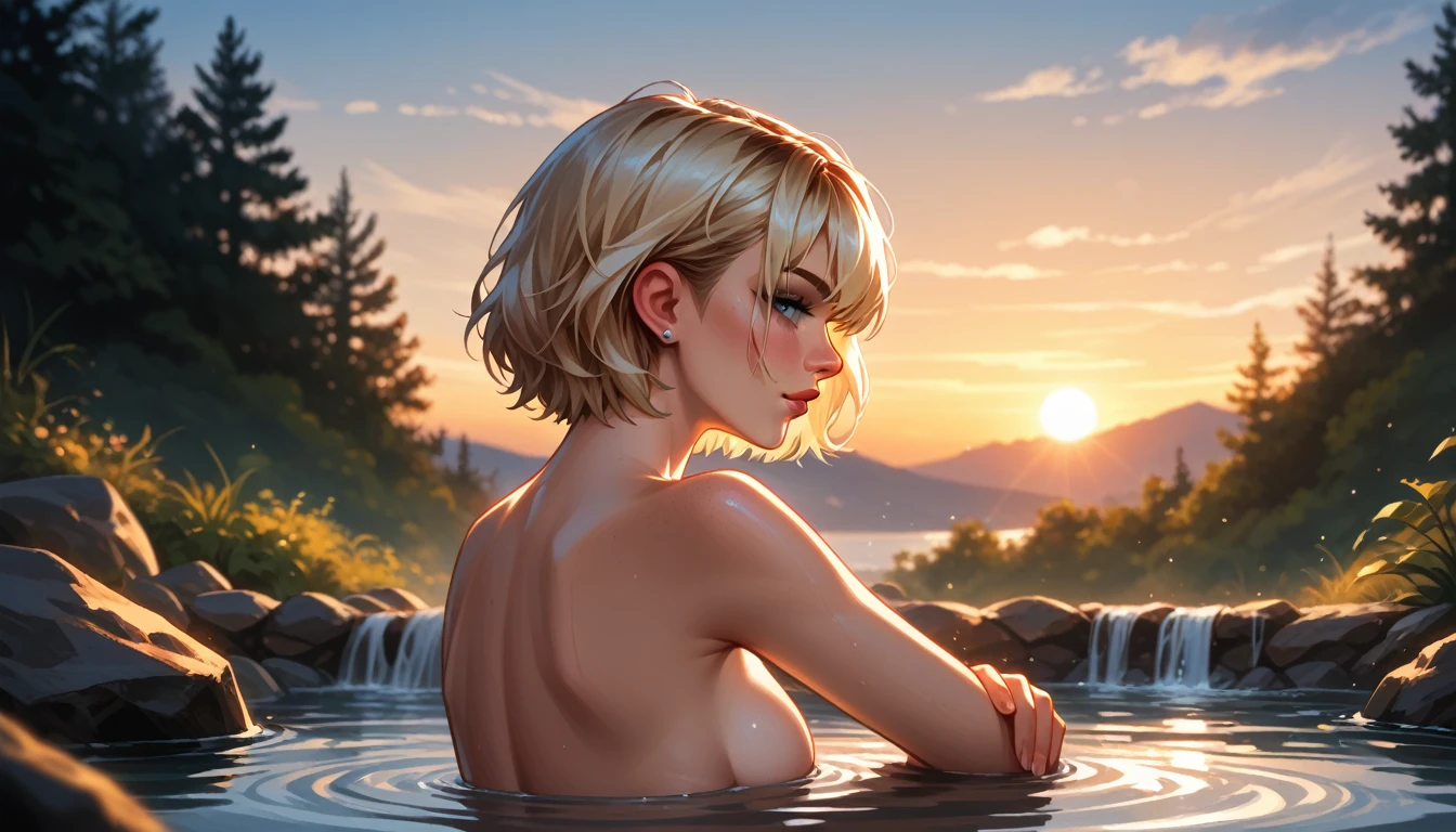 score_9, score_8_up, score_7_up, score_6_up, rating_safe, cinematic film still, solo, 1girl, (short hair Gwen Stacy:1.3), nude, BREAK (dimly lit Japanese hot spring:1.1), laying in water, resting on forearms, enjoying the view, side by side, facing away from viewer, sexy back, (cinematic lighting:1.2),, (sunset:1.2), shallow depth of field, vignette, highly detailed, high budget, bokeh, cinemascope, moody, epic, gorgeous, film grain, grainy, SFW, rear view, (ultra-detailed),(best illustration),(best shadow),(absurdres),(detailed background),(very aesthetic).