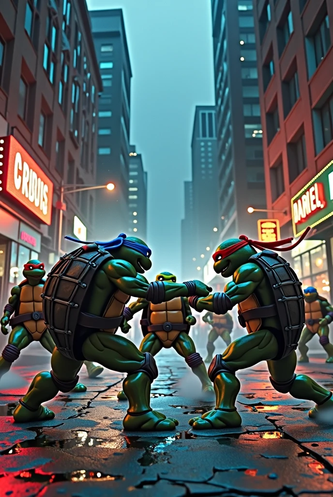 ,masterpiece, high detail, a high resolution, wide-angle, Filming,Teenage Mutant Ninja Turtles in battle with enemies Beebot and Rocksteady
