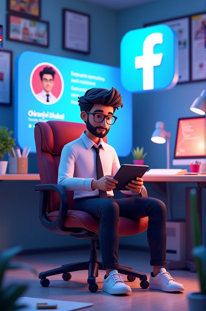 Generate the image of this type , The image shows a 3D cartoon character sitting on an office chair, focused on a tablet. The character has a modern appearance, with glasses, a beard, and styled hair, dressed in a white shirt, black tie, black pants, and sneakers.
In the background, there's a large Facebook-like profile page with the name "Chiranjivi Dhakal" displayed, indicating the character might be involved in social media or tech work. Surrounding elements include a large blue Facebook logo, a computer screen with code, and various office items, creating a tech-focused workspace atmosphere.with