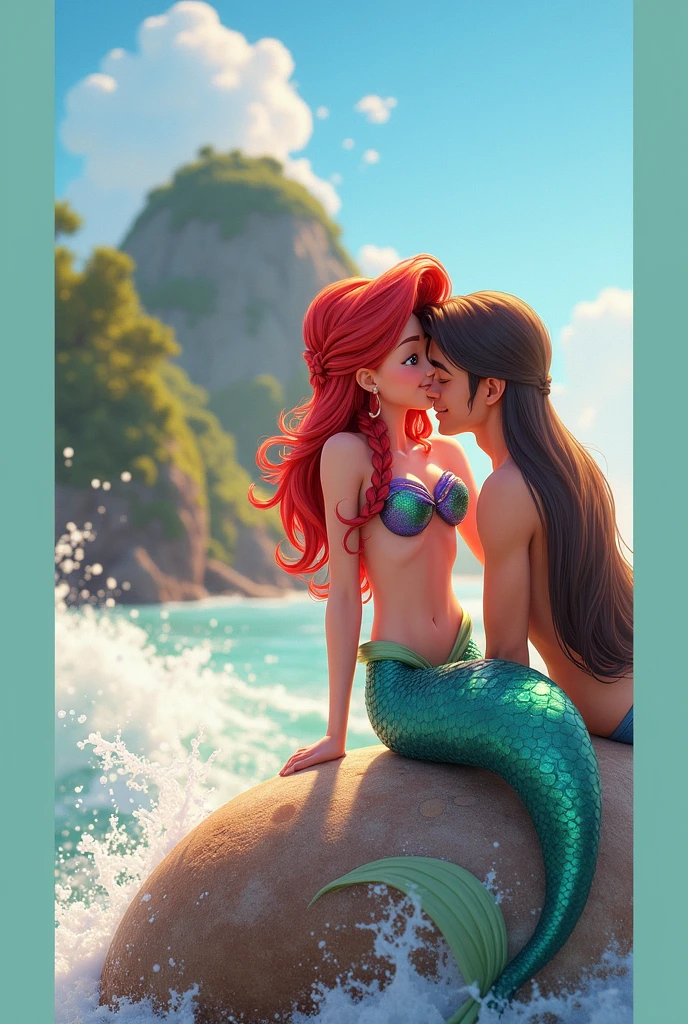 Create a vibrant, moving Pixar-style scene/Disney. two characters, remembering Ariel from &#39;The Little Mermaid&#39;, are sharing a tender kiss on a sun-drenched rock, on the edge of the ocean. The first character, with flowing braids reminiscent of Ariel&#39;s iconic red hair, is depicted as a mermaid with shimmering scales and a vibrant tail. Your hair shines in the sunlight, falling down the back. The second character, who has long, straight, dark hair, is lying on the rock with a relaxed expression, looking at the mermaid with affection. The background should feature ocean waves gently crashing against the rock., with a clear blue sky above and hints of a lush green coastline in the distance. The general atmosphere is serene and romantic, with a soft and warm color palette."