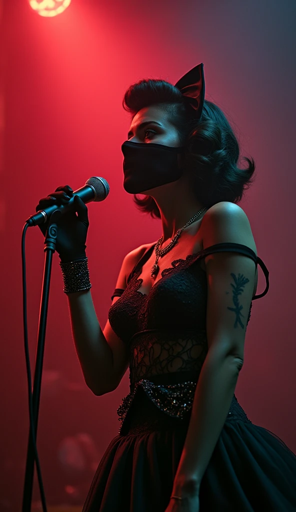 emo goth 1girl, 1950s, gothic fashion, elegant, flapper dress, faux fur collar, 1950s victory rolls hairstyle, bandana covering mouth, color, pistols, stage performer, dynamic pose, singing on stage mic on stage, (best quality,4k,8k,highres,masterpiece:1.2),ultra-detailed,(realistic,photorealistic,photo-realistic:1.37),vibrant colors,dramatic lighting,cinematic composition,cinematic lighting,dramatic pose