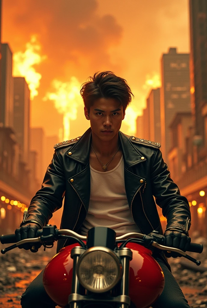 Kaneda, a young man with a strong jawline, sharp cheekbones, and piercing brown eyes, sits astride his sleek, red motorcycle on the winding roads of Neo Tokyo's futuristic metropolis. His black leather jacket, adorned with silver studs, bulges with his physique as he wears a white tank top, while his jet-black hair is stylishly messy. As he gazes out at the explosive chaos erupting behind him, his facial expression is a mix of concern and determination. The cityscape in the background is in ruins, with towering skyscrapers crumbling to the ground amidst a fireworks-like explosion of debris and flames. The warm, golden light of the setting sun casts long shadows, illuminating the scattered rubble and twisted metal. The camera lingers on Kaneda's defiant profile before panning out to capture the sheer destruction of the city. In this frame, Akira Kurosawa's visually distinct style, blending gritty realism and vivid colors, is on full display. The image is shot using a combination of warm, natural light and carefully placed LED lights to create a dynamic contrast between the devastation and Kaneda's steadfast determination. The color palette favors warm, muted tones – earthy browns and tans – to convey a sense of desolation, yet the vibrant red of Kaneda's motorcycle serves as a bold counterpoint. The film grain is subtle, adding a rough, textured quality to the image. As the camera pulls back, the composition shifts to emphasize Kaneda's isolation, with the city's ruins sprawling outwards like a canvas of destruction. In the background, the once-thriving metropolis is now a smoldering, apocalyptic wasteland, while the sound of distant explosions and crumbling concrete creates an intense, visceral atmosphere. The image lingers, a testament to Kaneda's unwavering resolve in the face of catastrophic devastation.textures, colors, lighting, composition, film grain, and tones evoke a haunting sense of post-apocalyptic decay, punctuated by the defiant, fiery red of Kaneda's