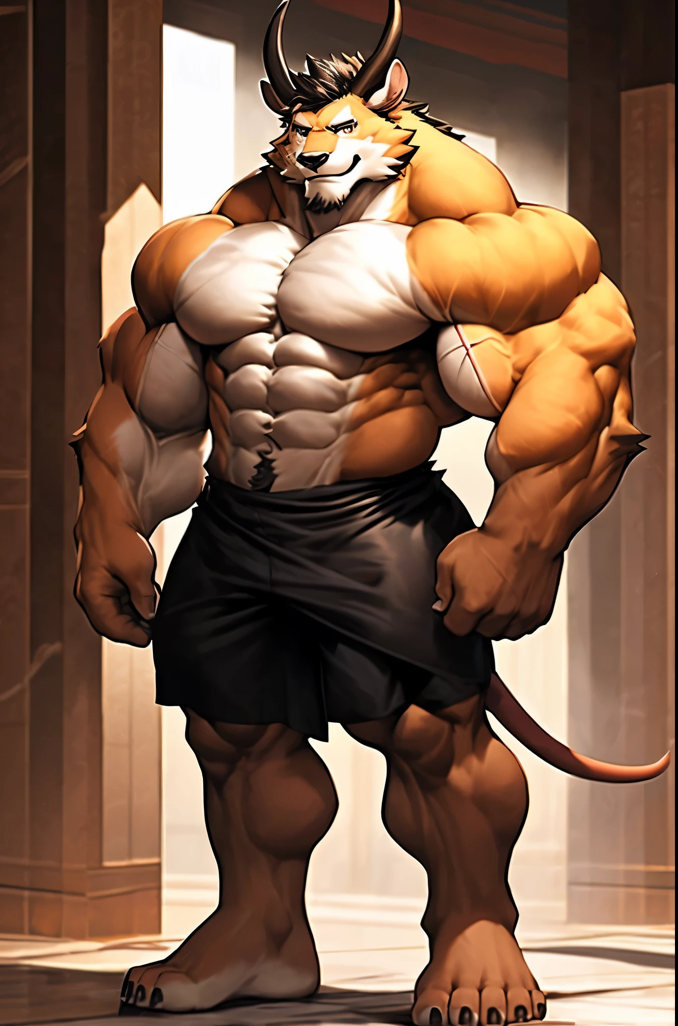 OX, horns, Chinese zodiac. Male. Ox. Furry, ox antro), standing, alone, nj5furry, (ox, huge, huge, young face, teenager, bodybuilder body), ox, ((extremely realistic shadows, masterpiece, extremely detailed, photorealistic)), kemono, young, teenager , ((really big muscle, massive muscular, sixpack, thick arms, wide pectoral, super huge muscle, hyper muscular, over sized muscle, huge arms, big arms, huge pectoral)), firm back, solid back, round buttocks, firm and well-formed buttocks, back, broad shoulders, standing on the back, firm buttocks, round buttocks, well-formed buttocks, solid and very muscular back, mouse, tail , ((detailed face)) nose, red eyes, ((detailed eyes)), smile, mischievous smile, mischievous expression, white teeth, mouth slightly open, red tongue, skin, fur, hair, sexy, height 3 meters high , optimal height, body full of muscles, bulging pectorals, bulging abs, Shaolin monk, Shaolin clothes, Buddha temple, huge and defined abs, V-shaped body, thick waist, long legs, strong arms, manly, attractive face, type of attractive, fresh and calm face with a cold smile. , bodybuilder body, topless, huge muscular thighs, bulging biceps, looking at viewer. Unique light source, Sharp shadows, Unique portrait.