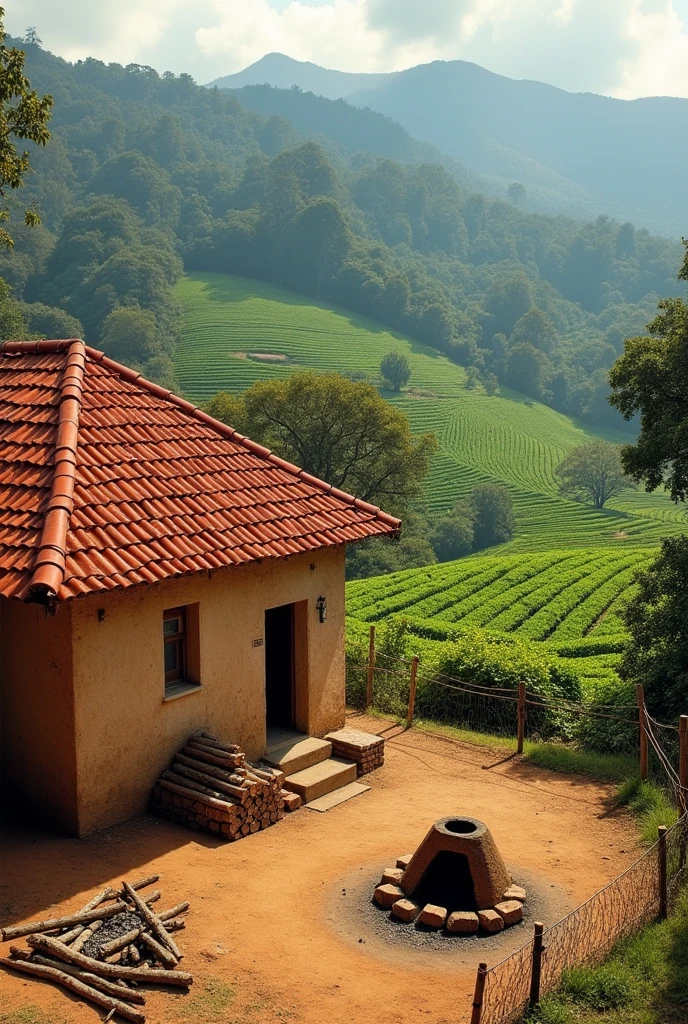 A rural scene in Costa Rica from the 20th century showing a traditional adobe house with a red tile roof, Standing out for its earthy and worn colors. The house is surrounded by green and leafy coffee plantations, with coffee plants lined up in the field. In the background, gentle mountains rise, Characteristics of the Costa Rican landscape. in front of the house, There is a separate rustic fireplace, built of mud bricks. The area around the fire pit is covered in ash and charcoal., and there is a small pile of firewood stacked nearby. The floor is made of clay, and there are wire fences delimiting the nearby pastures. The image captures an authentic and picturesque atmosphere of rural Costa Rica in the early 20th century.