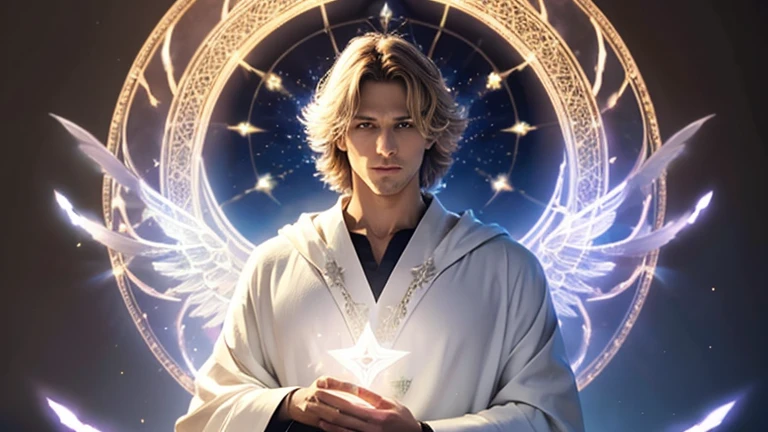 Archangel Metatron. Archangel handsome man dressed in a white robe, holding in front of him an illuminated pentragram.