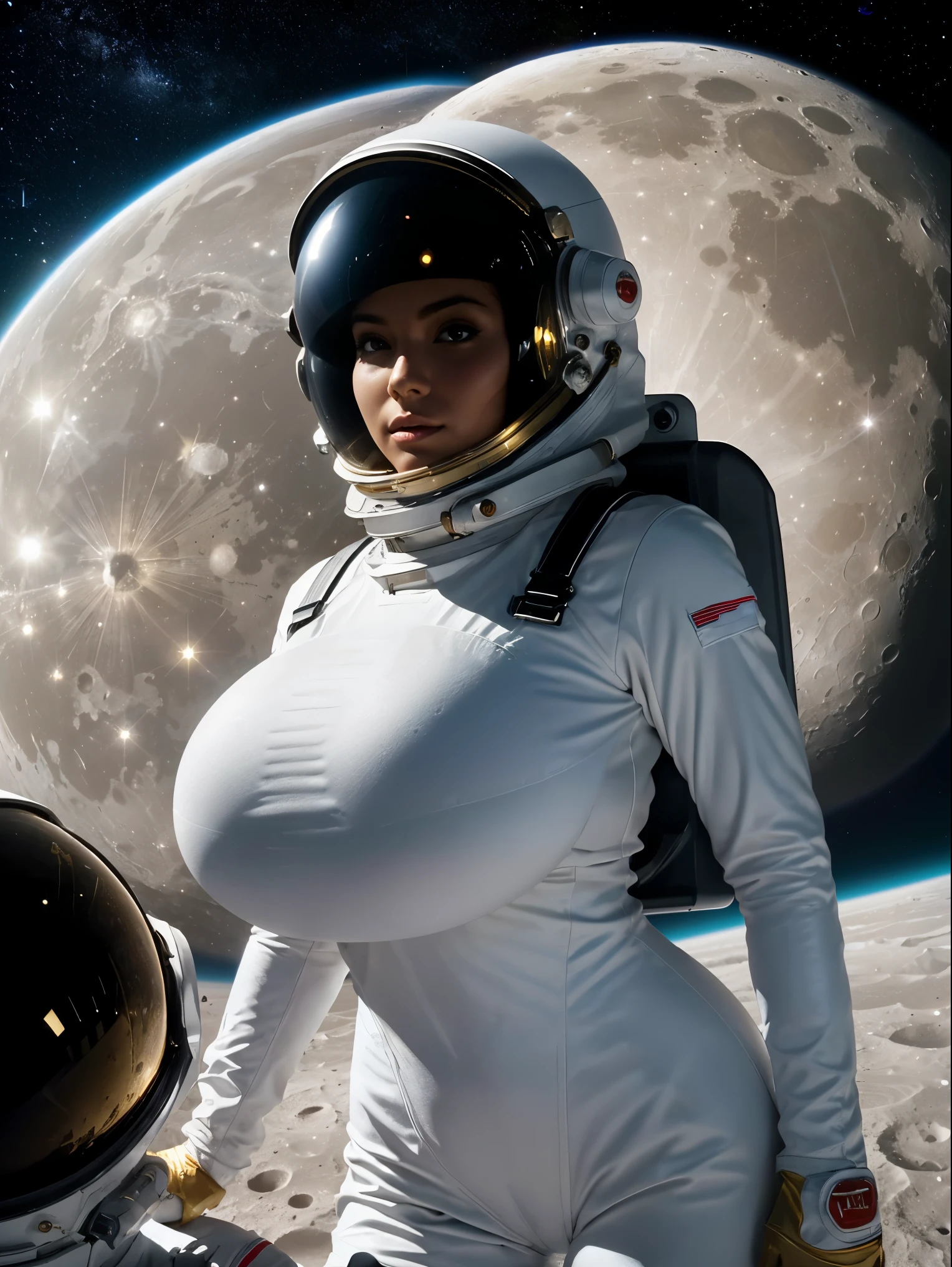 Gorgeous and sultry busty athletic (thin) astronaut with sharp facial features wearing a white space suit, opaque space helmet, solid visor, gold visor, spacesuit, bodysuit, ray gun, jetpack, spaceship, 1960's, space, lunar surface, moon, earth rise, Earthrise, space, stars, American flag, massive boobs