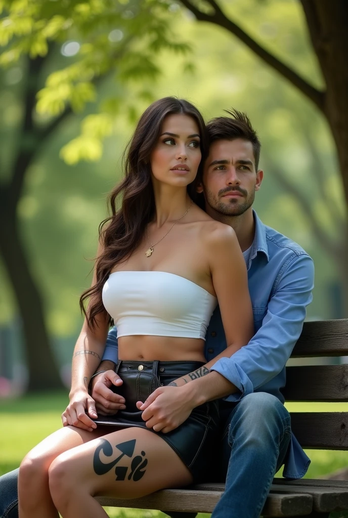 Magnificent detail, 8K Photos, hyper- realism, realistic background, visual depth, wide angle lens, professional light. front view {a couple of a beautiful 23 year old woman, brunette, Bblack hair, white-skinned, sitting on a bench in a square, being hugged by her blonde boyfriend. She has a tattoo on her arm saying ["Slave of BBC"] and another hotwife symbol tattoo (The black spade suit with a "q" white within the suit) na perna}. {She wears a leather mini skirt and a white strapless top.} {The spade suit is black and has a "q" white inside the symbol} {the woman has a beautiful curvy body, muscular legs, breasts small.} The setting is a public park. The man wears jeans and a blue shirt. The woman does not reciprocate the affection, bored expression, Looking in another direction