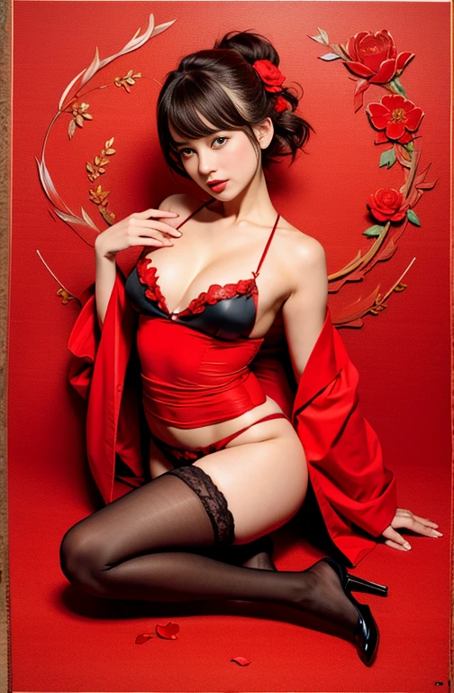 Red kimono open shoulders open legs beautiful breasts stockings black background red rose petals