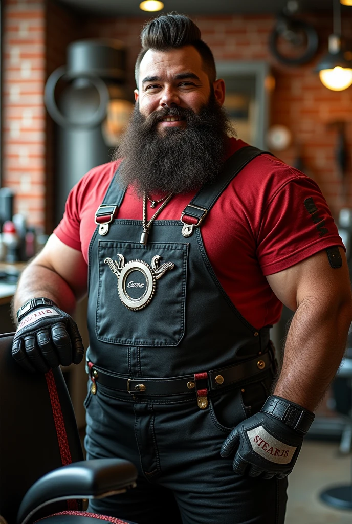 a imaginary character mascot for barbershop brand. Color brand is black and red. Style is inđustrial sytle, mechanic
