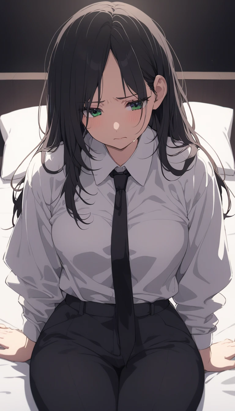 solo, Adult woman, medium breasts, curvy body, Long haircuts, Minimalist Long Layers, black hair colors, green eyes, close up shot on person suffering from anxiety, cry face, a woman showing sadness, lonely woman, a woman sitting in bed, white shirt, black tie, Long-sleeved shirt, black trousers, dynamic angle. no light source, dark background, night days, dark hotel bedroom background, 