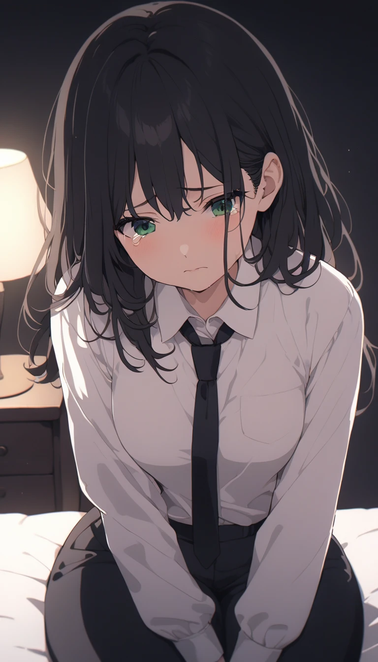 solo, Adult woman, medium breasts, curvy body, Long haircuts, Minimalist Long Layers, black hair colors, green eyes, close up shot on person suffering from anxiety, cry face, a woman showing sadness, lonely woman, a woman sitting in bed, white shirt, black tie, Long-sleeved shirt, black trousers, dynamic angle. no light source, dark background, night days, dark hotel bedroom background,