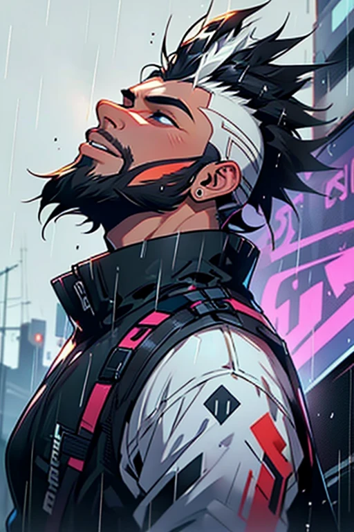 young man with a beard and black mohawk with white highlights with two stripes on the side of his hair with a perfect gradient, looking up with your eyes closed feeling the rain hitting your face