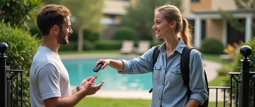 a young couple, Passing an RFID proximity key fob on a reader to open the gate of a grassy pool in a residential area 