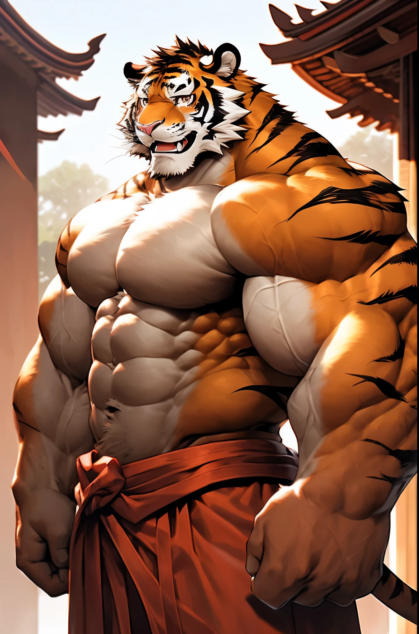 Mouse, Chinese zodiac. Male. Tiger. Furry, mouse antro), standing, alone, nj5furry, (Tiger, huge, huge, young face, ager, bodybuilder body), Tiger, ((extremely realistic shadows, masterpiece, extremely detailed, photorealistic)), kemono, young, teen , ((really big muscle, massive muscular, sixpack, thick arms, wide pectoral, super huge muscle, hyper muscular, over sized muscle, huge arms, big arms, huge pectoral)), firm back, solid back, round buttocks, firm and well-formed buttocks, back, broad shoulders, standing on the back, firm buttocks, round buttocks, well-formed buttocks, solid and very muscular back, mouse, tail , ((detailed face)) nose, red eyes, ((detailed eyes)), smile, mischievous smile, mischievous expression, white teeth, mouth slightly open, red tongue, skin, fur, hair, sexy, height 3 meters high , optimal height, body full of muscles, bulging pectorals, bulging abs, Shaolin monk, Shaolin clothes, Buddha temple, huge and defined abs, V-shaped body, thick waist, long legs, strong arms, manly, attractive face, type of attractive, fresh and calm face with a cold smile. , bodybuilder body, topless, huge muscular thighs, bulging biceps, looking at viewer. Unique light source, Sharp shadows, Unique portrait.