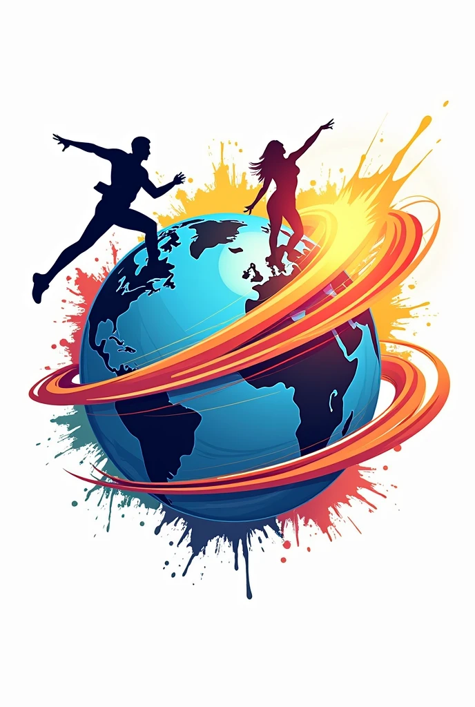 Design a dynamic and modern logo for a dance studio named 'Dance Planet.' The logo should convey energy, creativity, and movement, reflecting the vibrant spirit of hip-hop and other dance styles. Incorporate elements that represent both the 'planet' concept, such as a globe or circular shape, and the 'dance' theme, like stylized figures in motion, rhythmic lines, or abstract patterns. Use bold, contrasting colors that stand out and capture attention. The logo should be versatile enough to work across different media, from digital platforms to physical signage."
