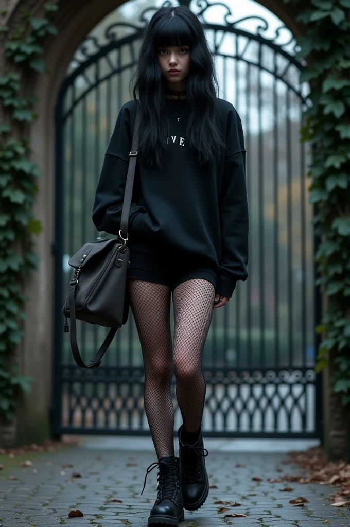 gothic girl, jet black hair, eyes completely covered by a fringe of hair. black sweatshirt, grey messenger bag, short negros, black fishnet stockings, black tactical boots