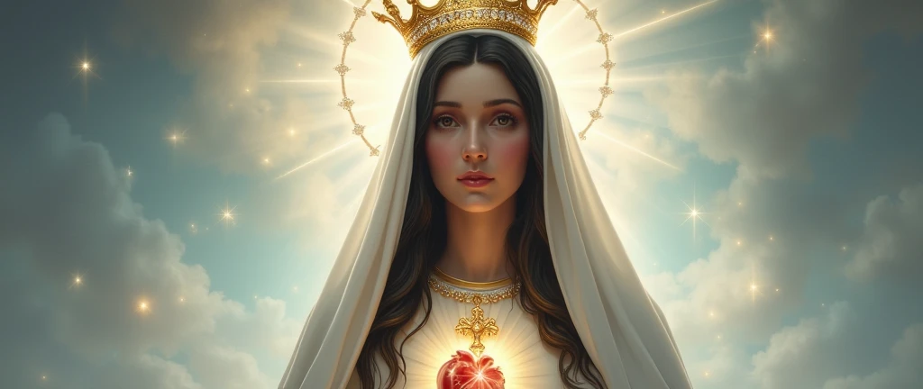 Our Lady of Fatima, Mary of Catholicism, face of mary, face perfect, rosto angelical, blackquality hair, white veil, ultra realisitic, wall-paper, super realistico, beautiful face, heavenly beauty, Catholic, holy mary, Mother of God, only upper part, Heart of Our Lady of Fatima, slightly-smile, cute face, facial expression of tenderness, slightly-smile, Maternal love, standing alone, perfect youthful face, detalhes super realistico, extreme detailed face, PICTURE REALISTIC, detail in the calm eyes, detalhe no face perfect, perfect catholic image,incredible beauty , gold and diamond crown, beautiful heart, Catholic Heaven.