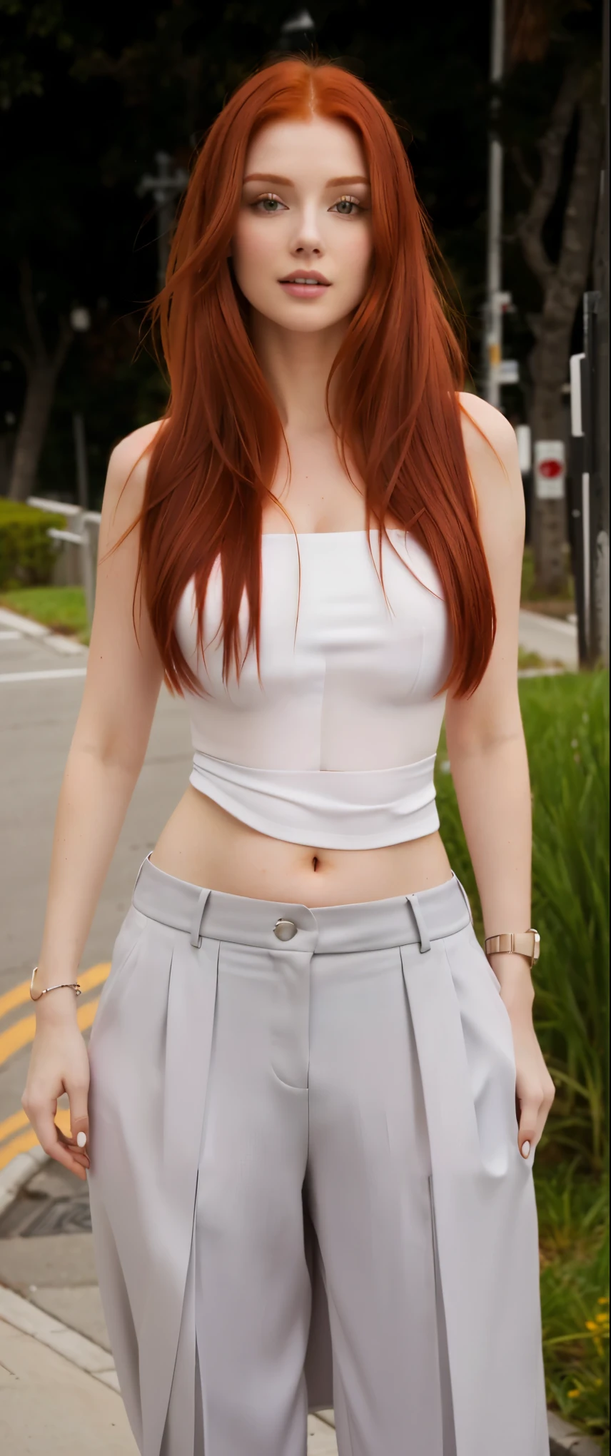 a red-haired woman wearing a white blouse and gray pants standing on a sidewalk, her belly button is exposed, flat-chested, navel showing, usando um top cropped sexy, exposed belly, Waist slender, beautiful belly, wearing a short top, nude belly