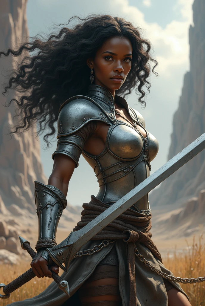 Create a warrior of d&d, SHE'S A BLACK WOMAN, has dark eyes, slightly curly hair, Her breasts are average, she carries heavy silver armor, at the joints of the corpus she has bands covering her limbs, she carries a steel sword, its handle is brown with small loops, and a ring on the tip of the sword, the blade is long and has a worn appearance, make this art in the style of attack on titan