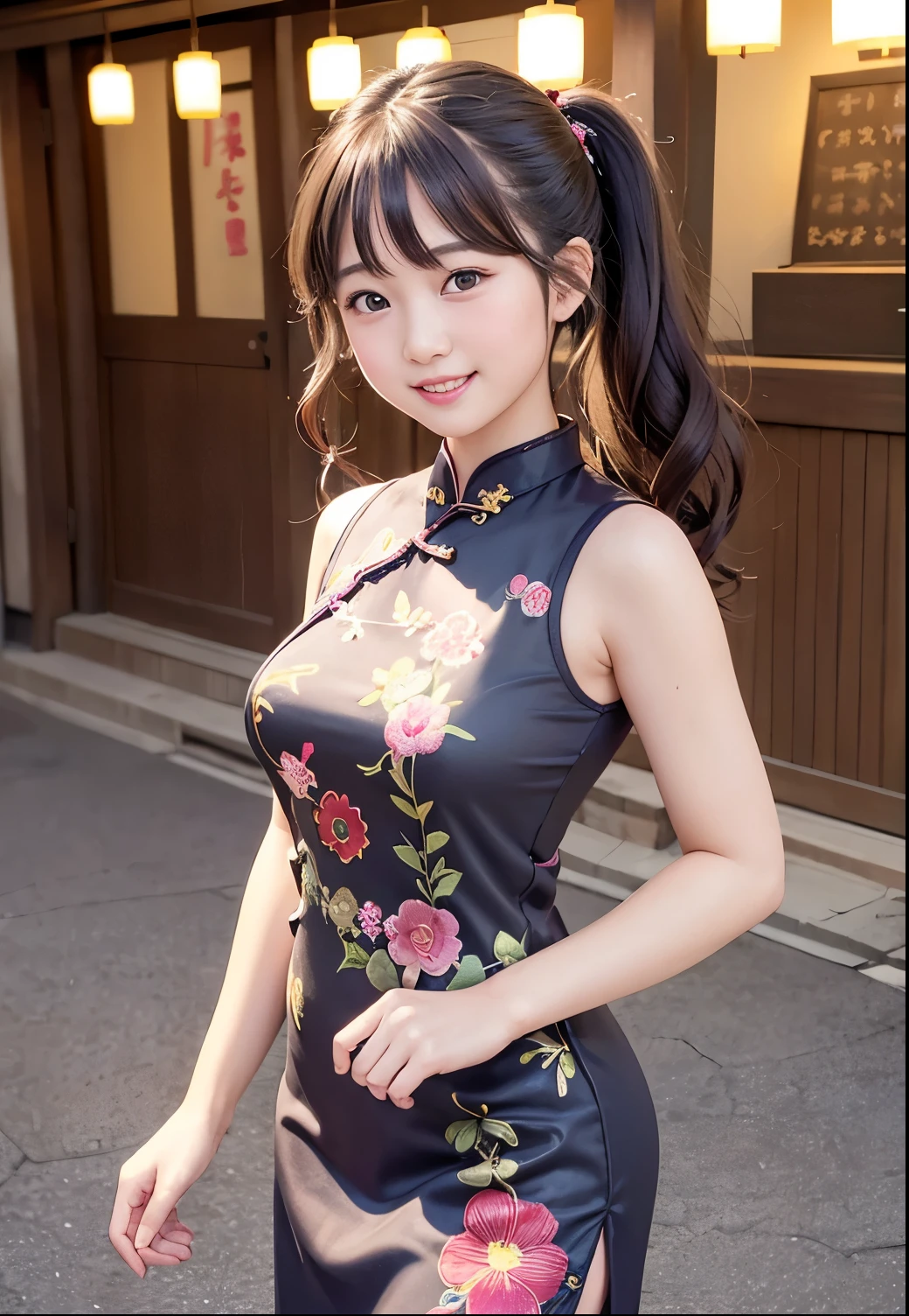 (Highest quality,masterpiece:1.3,Ultra-high resolution),(Very detailedな、Caustics) (Photorealistic:1.4, RAW shooting、)Ultra-Realistic Capture、Very detailed、Natural skin texture、masterpiece、(Embroidered sequined cheongsam:1.3)、Golden Chinese Dress、1 Japanese girl、Adorable expression、Expressions of Happiness、14 years old、Young Face、Amazingly cute、Twin tails、Curly Hair、Black Hair、Scrunchie、Earrings、Heavy makeup、A big bust that seems to burst、Bare arms、This photo was taken early in the morning on the main street of a tourist spot..、Shining thighs、smile、An inviting gaze、Cowboy Shot、Sexy pose、