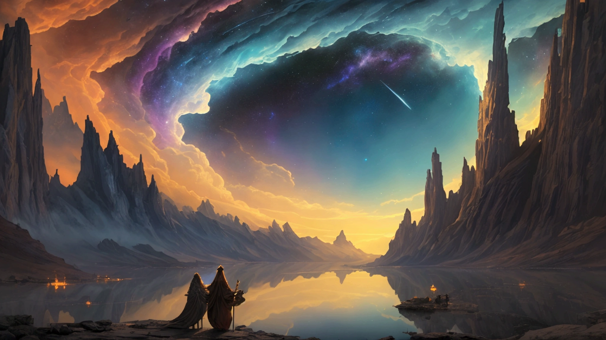 "Description: Illustrate a grand, otherworldly scene depicting the celestial realms as described in the Book of Enoch. Show a vast, ethereal landscape filled with angels, demons, and cosmic elements, emphasizing the text's exploration of the universe's mysteries.
Details: The scene features a magnificent, multi-layered sky with swirling galaxies, stars, and nebulae. At different levels, angelic beings with majestic wings and flowing robes are seen descending and ascending. Some are holding scrolls or ancient instruments, symbolizing divine knowledge and order. Below them, dark, shadowy figures represent demons, subtly contrasting the luminous angels. The backdrop includes intricate cosmic patterns and a glowing, celestial city in the distance, hinting at the divine realms. The overall color palette is a blend of vibrant blues, purples, and golds, creating a mystical atmosphere."