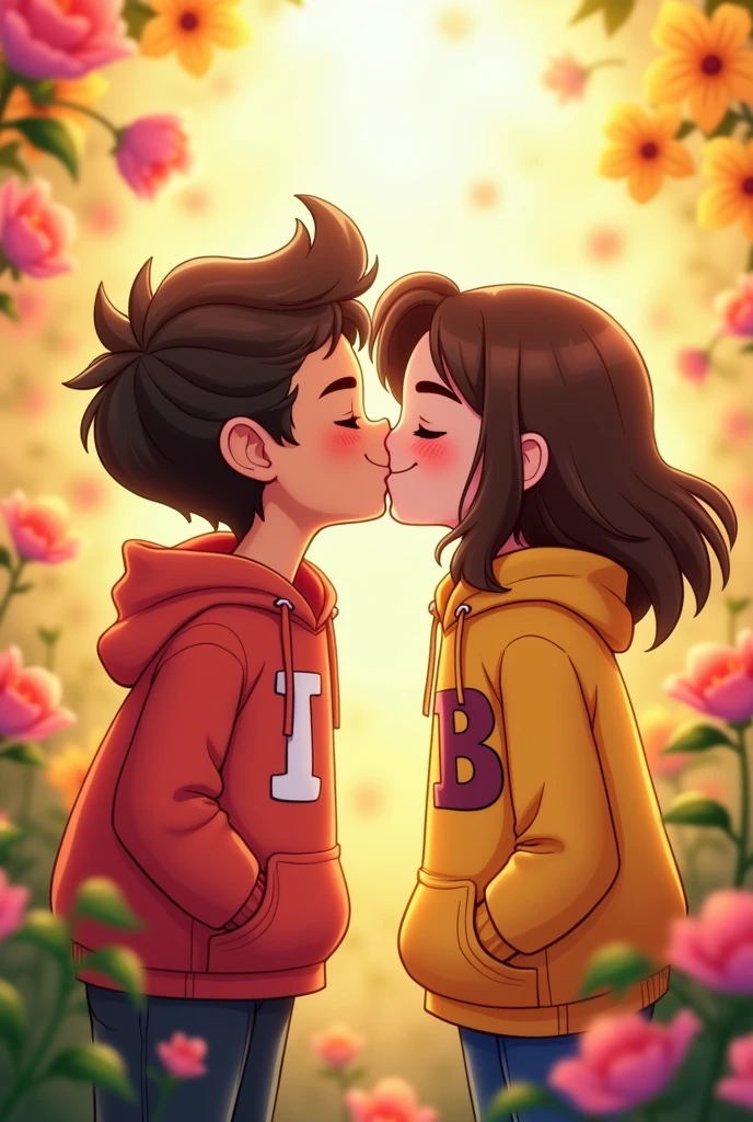 Cartoon beautiful girl and handsome boy close together and kissing. Boy wearing hoodie printed letter "I" girl wearing hoodie printed letter B on flower background