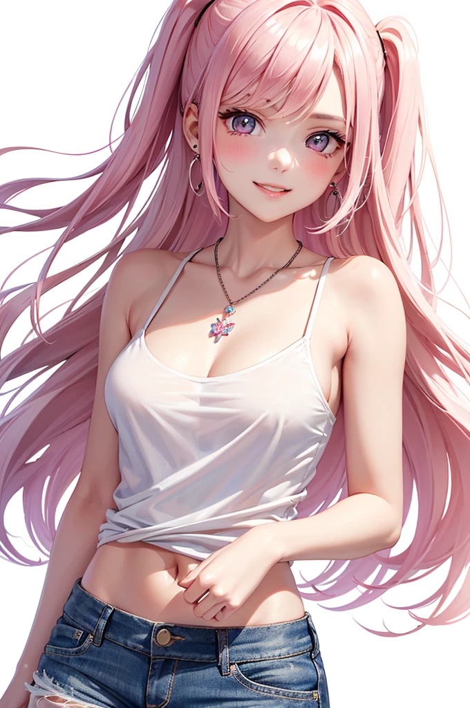 Best Quality,High resolution,8k,(plain white background, no patterns, no textures, just a plain white background:1.3),Masterpiece:1.2),beautiful girl,Shiny pink hair,messy hair,Pink eyes,oversized graphic tank top, paired with pre-ripped jeans, colorful cotton fabric with a subtle pattern, casual sneakers with a pop of color, Accessories include a playful pendant necklace and colorful stud earrings,Gentle look,A refreshing look,smile,Best quality,Best Quality,Aesthetic and aesthetic:1.2,Best details((Super detailed))(High-definition CG illustrations),Slender body,smile,blush,cute,Scrounge,Looking up,Being spoiled,super model