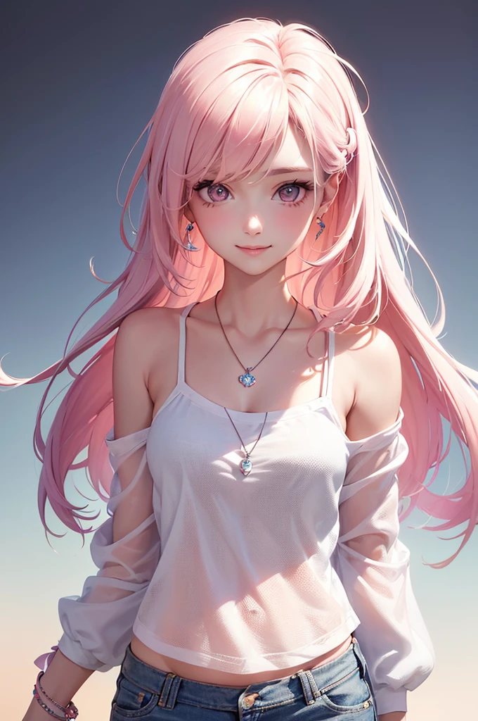 Best Quality,High resolution,8k,(plain white background, no patterns, no textures, just a plain white background:1.3),Masterpiece:1.2),beautiful girl,Shiny pink hair,messy hair,Pink eyes,oversized graphic tank top, paired with pre-ripped jeans, colorful cotton fabric with a subtle pattern, casual sneakers with a pop of color, Accessories include a playful pendant necklace and colorful stud earrings,Gentle look,A refreshing look,smile,Best quality,Best Quality,Aesthetic and aesthetic:1.2,Best details((Super detailed))(High-definition CG illustrations),Slender body,smile,blush,cute,Scrounge,Looking up,Being spoiled,super model