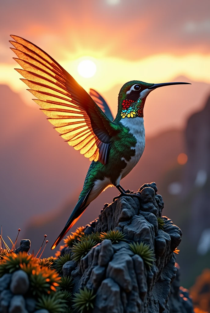 (Close-up of a majestic masterpiece:1.5)0.9], (Strong and united hummingbird:1.2), (Detailed golden armor:1.1), (Perched on top of an epic mountain:1.2), (Landscape at dusk:1.0), (Radiant light around the hummingbird:1.1), (Epic scenery symbolizing unity and determination:1.0)