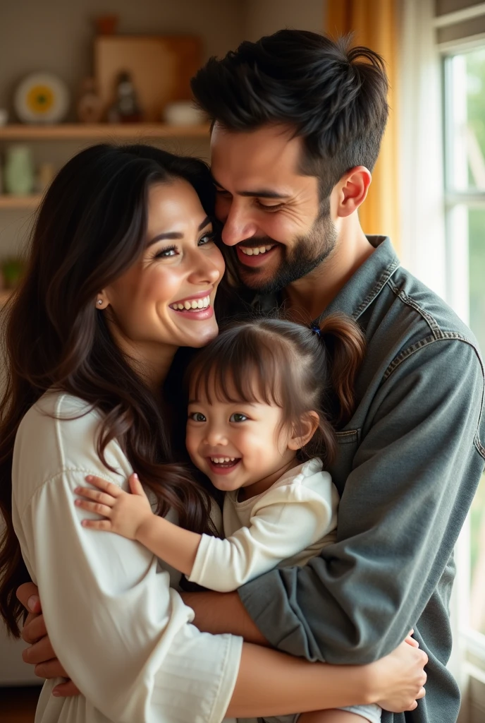 Family where the mother has brown hair and brown eyes and the father has black hair and green eyes holding two children, a girl with black hair and green eyes and a boy with brown hair and brown eyes