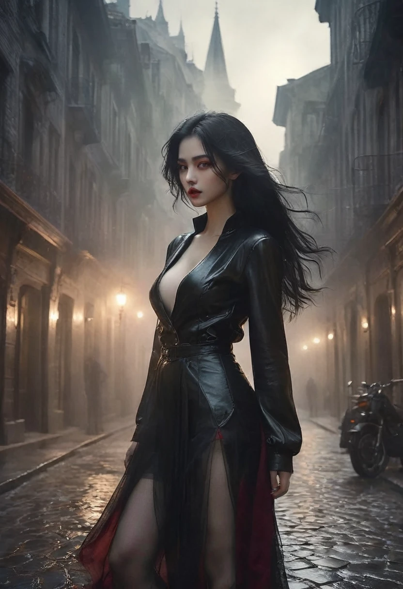 ((best quality)), ((masterpiece)), (detailed), 1girl, armenian (dark messy wet flowing hair:1.3), skinny cute, ponytail hairstyle, age 22:1.3, (smudged eye makeup:1.4), big lips:1.3, ( short height skinny cute:1.4), (naked:1.4), seductive pose, realistic photo, ((4K)) , sweaty textured skin, (small breasts:1.4), (dirty:1.2), a seductive vampire standing on a moonlit cobblestone street corner, the the moonlight creates reflections off the cobblestone floor. in an old European city. The vampire is wearing a bikers leather jacket with nothing on underneath, while seductively holding the jacket open from each side with both hands to reveal her Cleaverge. Her lower part of the body wearing sexy stocking with biker boots. Her skin is unnaturally pale, contrasting with blood-red lips and elongated fangs barely visible as she seductively smirks at the viewer. She has beautiful green eyes with long flowing messy wet hair that has streaks of midnight blue.
The background transforms into a misty, gothic cityscape. Candle lamps cast a flickering, ominous light on crumbling stone buildings. Gargoyles leer from rooftops, and wrought-iron fences line the street. The motorcycle in the foreground becomes a sleek, black mechanical beast with glowing red accents.
Shadowy figures lurk in doorways, hinting at a hidden vampire society. A full moon hangs low in the sky, bathing the scene in an otherworldly silvery light.
The color palette shifts to deep purples, inky blacks, and rich crimsons, creating an atmosphere of supernatural allure and danger. Wisps of fog curl around the vampire's feet, adding to the mystical ambiance.
This reimagined composition maintains the sexy seductive pose of the subject but infuses the scene with elements of gothic horror and vampire lore, transforming a classic vintage urban setting into a timeless realm of dark fantasy.