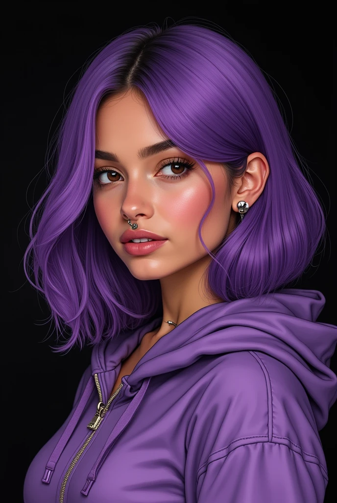 Drawing of a light-skinned Brazilian woman, Round face, side parted hair shoulder length straight purple, wearing purple hoodie, light brown eyes, piercing in the septum and above the lips, black backdrop