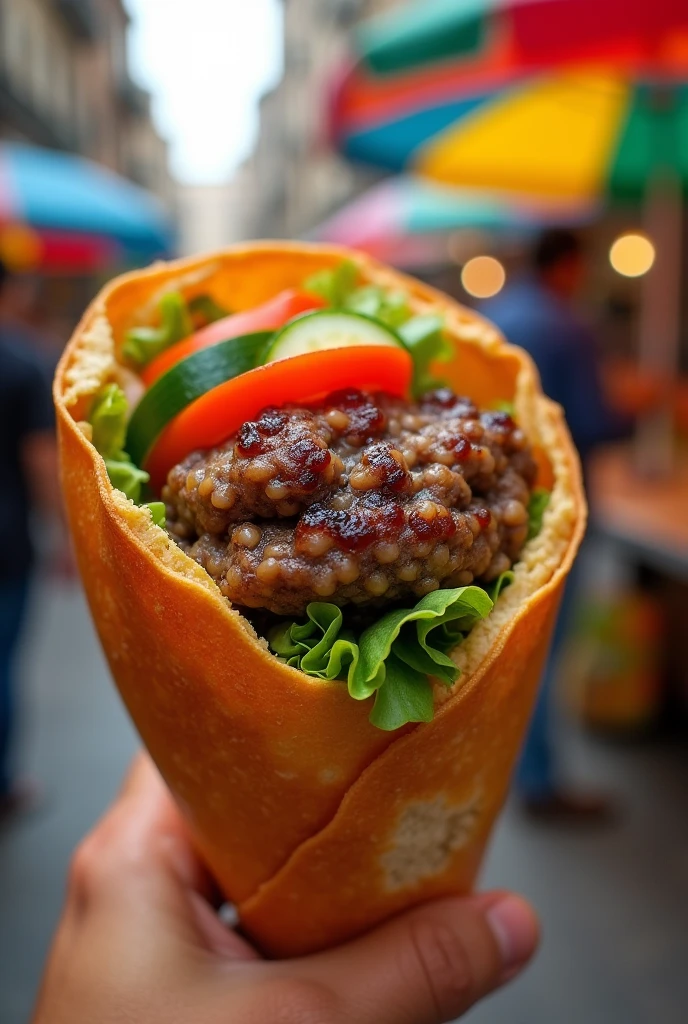 Bread cone stuffed with hamburger meat and salad