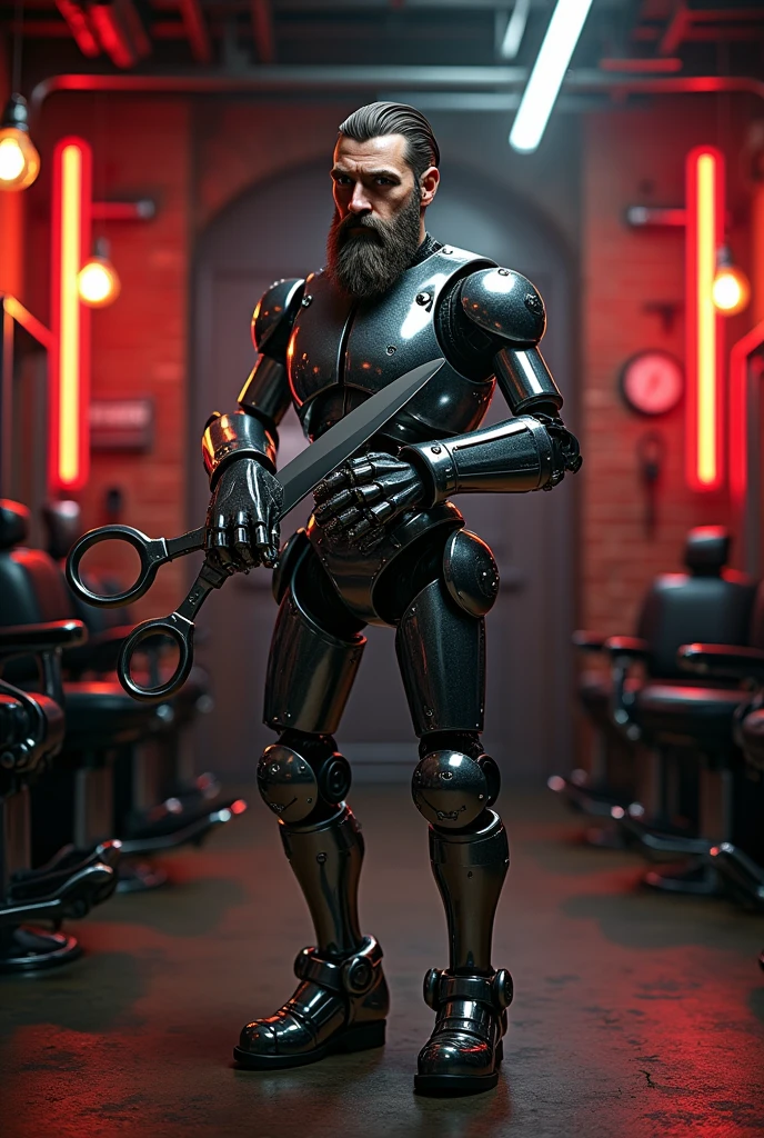 a imaginary mascot for barbershop brand. Color brand is black and red. Style is inđustrial sytle, mechanic
