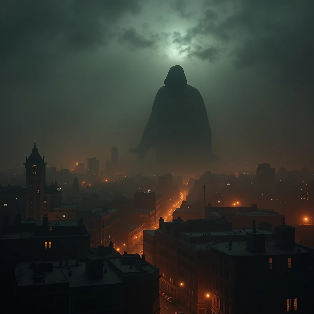 San Francisco city “SF” in a dimly lit, eerie atmosphere, surrounded by a thick, swirling dark mist that clings to the city, with a clear, menacing shadowy figure looming within, its presence palpable and foreboding, evoking a sense of dread and unease; the mist's tendrils curl around the city like skeletal fingers, illuminated by faint, flickering candlelight casting an otherworldly glow, with hues of deep blood red, gold and white dominating the palette, and an air of antique, worn, and distressed textures adding to the haunting, cinematic quality of the scene.