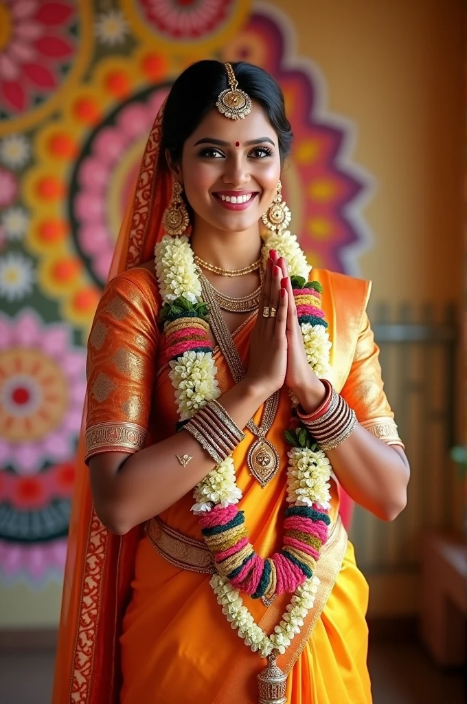 Indian,bridal,female,white skin tone,smiling face,charming appearance,vanakkam hand,wearing Tops,leggings,bridal garland